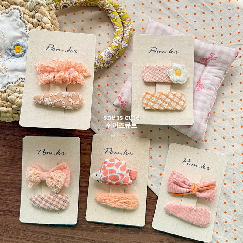 新款韩版布艺蝴蝶结发夹橘色鸡蛋花格纹少女百搭甜美侧边夹刘海夹详情2