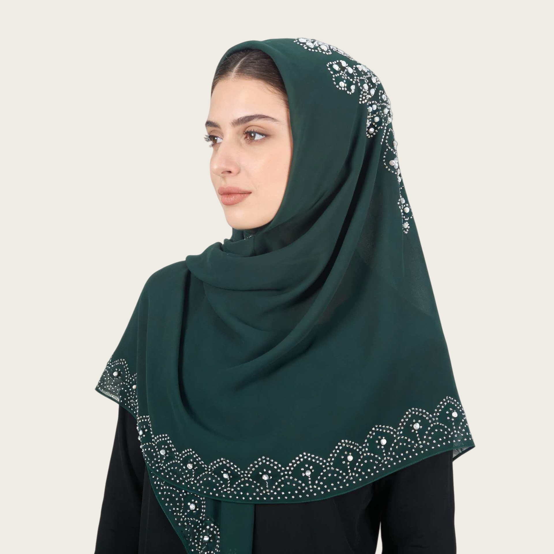 M145厂家烫钻妇女头巾民族风盖头珍珠雪纺围巾流行纱巾素色单色详情12