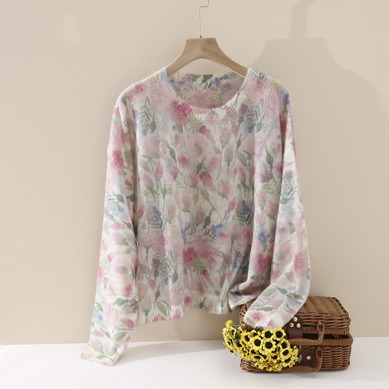 Flower Fairy Watercolor printed long-haired alpaca wool knitted sweater for spring, new wool round-neck pullover sweater for women pic 3