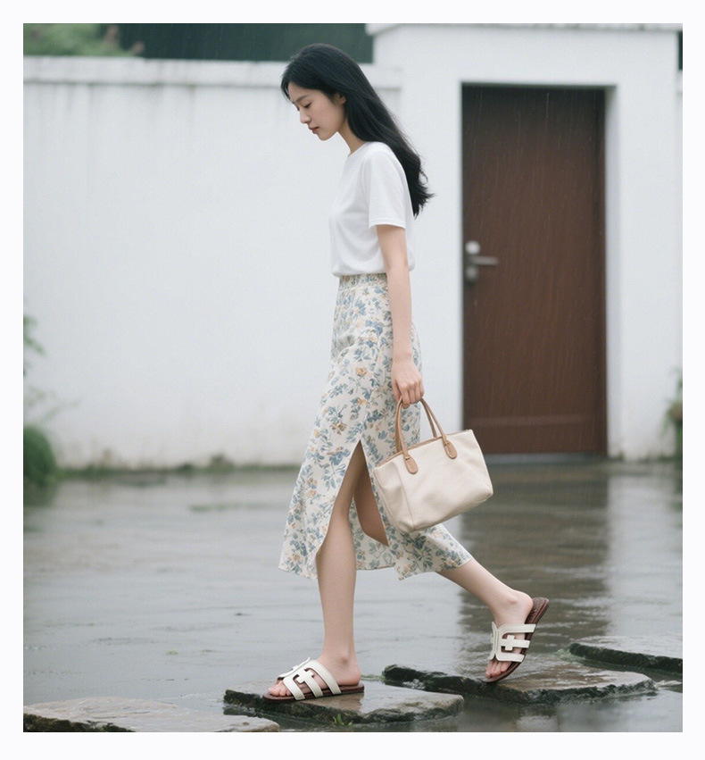 外贸原厂货~2024夏季真皮鞋拖防滑白色拖鞋女外穿凉拖夏平底H凉鞋详情1