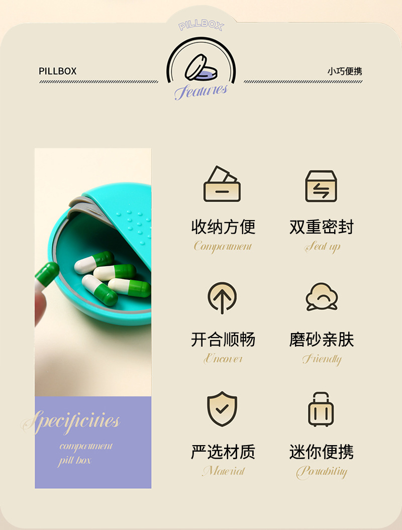 外贸专供便携式药盒随身多用药盒圆形单格药品收纳盒胶囊分装盒详情2