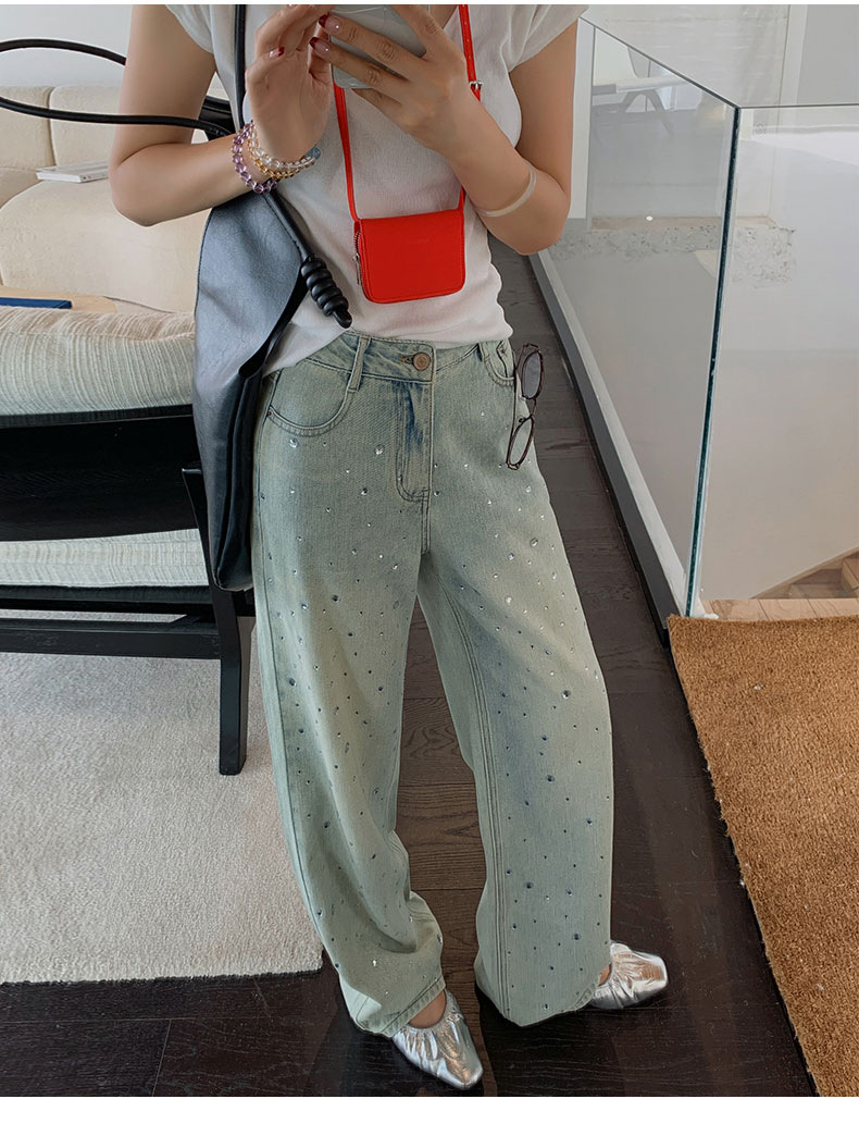 怀旧蓝牛仔高腰阔腿裤女2024春夏新款设计感烫钻时尚拖地裤详情15