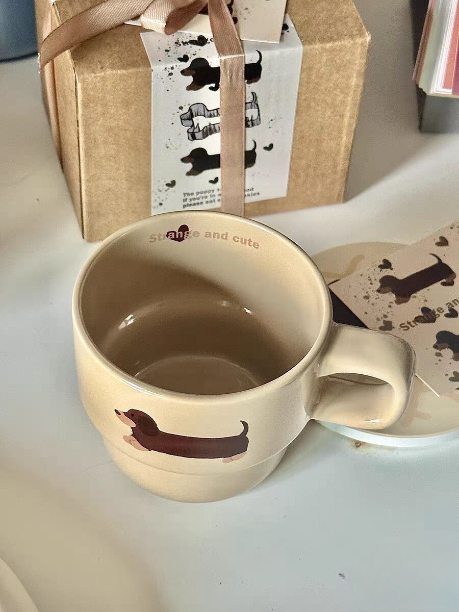 The original ceramic cute, niche and high-appearance-level cartoon mug, breakfast coffee cup, is a delicate sausage puppy pic 4