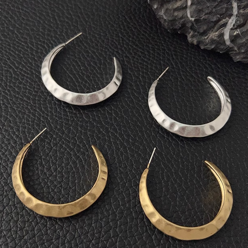 明星同款金银色锤纹大月亮耳环复古做旧C圈耳环小众设计气质个性详情11