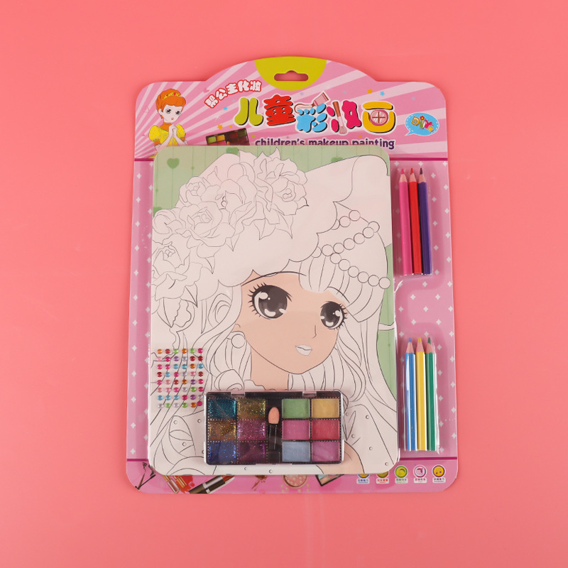 批发儿童彩妆贴画DIY填色涂鸦化妆贴画彩画彩铅钻贴6只笔一卡4张详情12