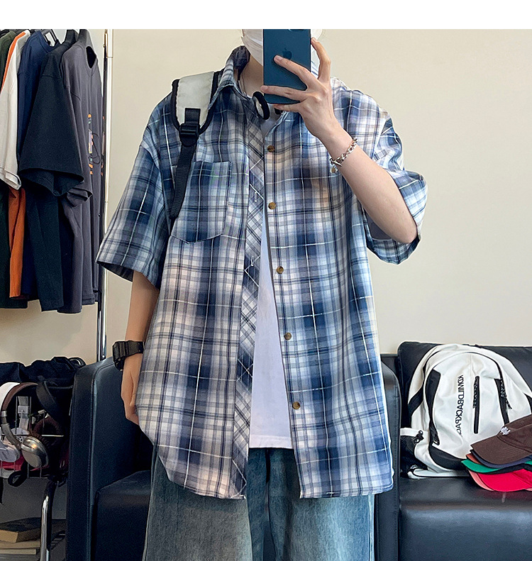 简恒日系复古印花短袖格子衬衫男女休闲夏季宽松BF风撞色情侣衬衣详情21