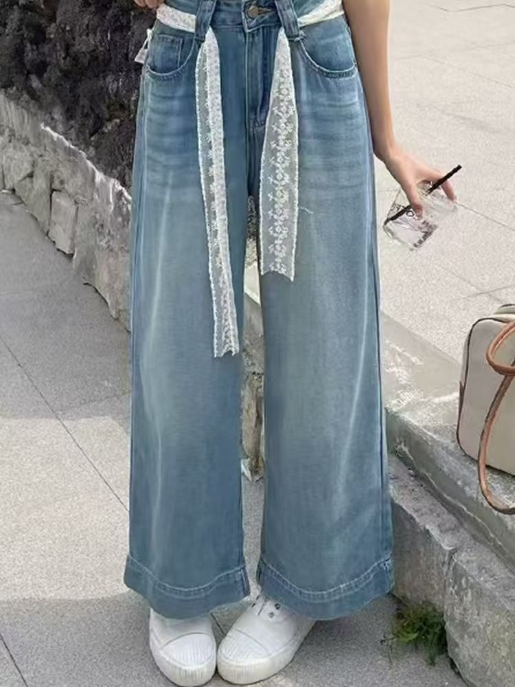 Loose, petite, high-waisted, slimming 9-inch straight-leg lace jeans for women in 2025, a trendy and retro wide-leg pants trend pic 7