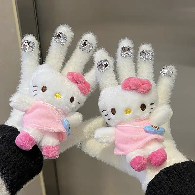 HelloKitty water diamond cute plush gloves for autumn and winter, Kitty Cat doll, warm knitted five-fingered gloves for girls pic 7