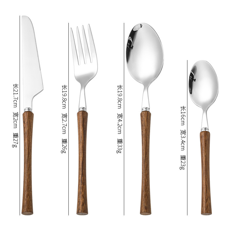 新款304不锈钢小蛮腰西餐牛排刀叉勺新中式实木手柄甜品勺子餐具详情13