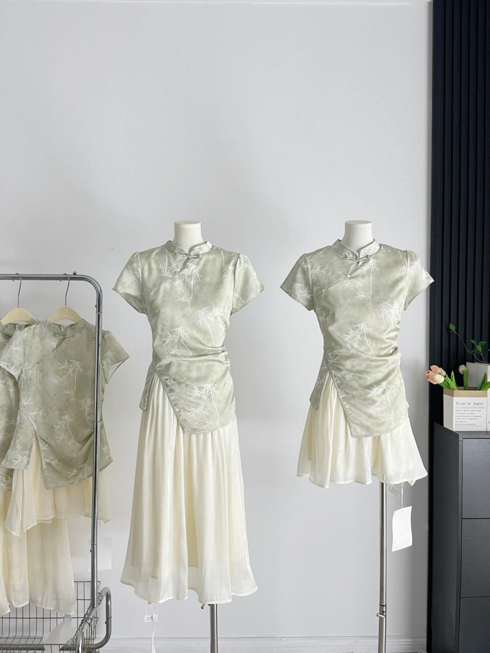 杨大卷国风假两件收腰连衣裙新中式绿色改良旗袍女不规则拼接清冷详情17