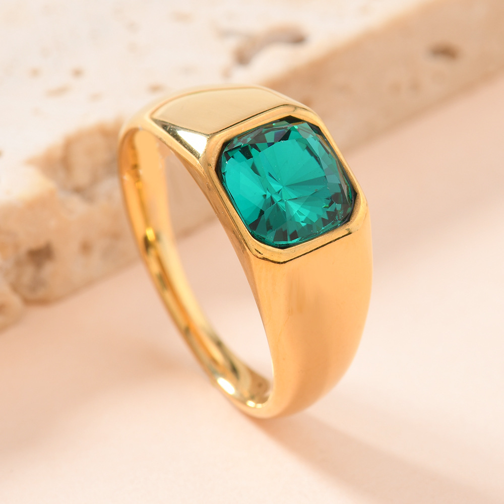 欧美跨境不锈钢铸造饰品男女通用 镶方形彩钻戒指镀18k金锆石戒指详情9