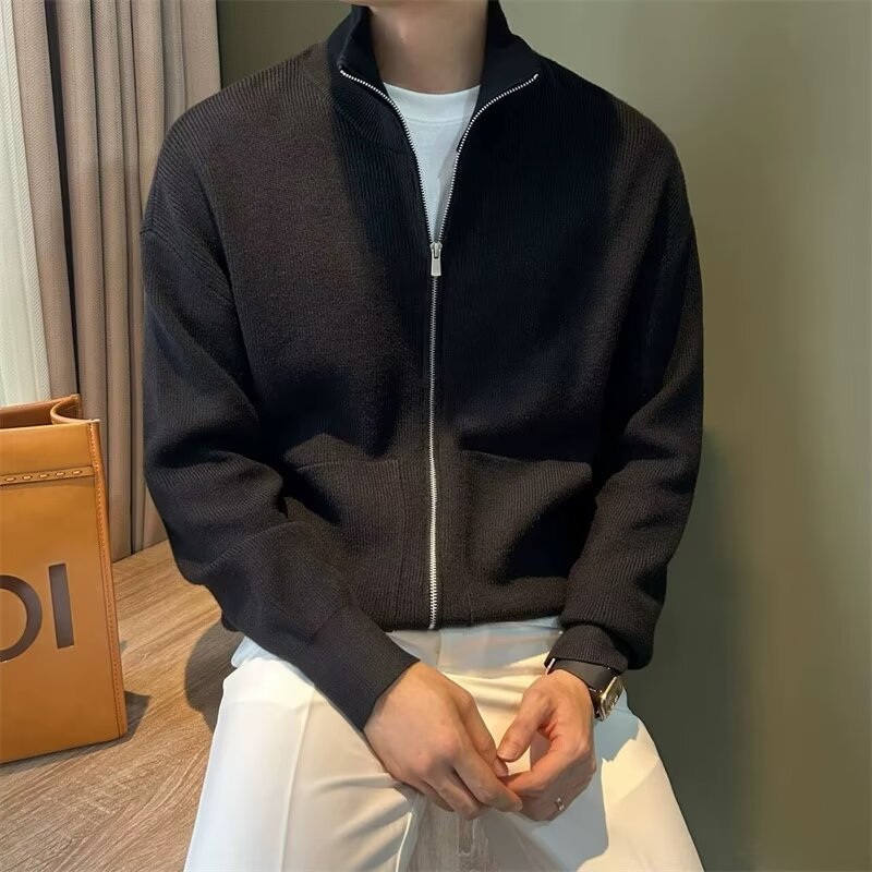 轻奢立领针织开衫外套男士春秋新款简约拉链纯色长袖毛衣男士上衣详情12