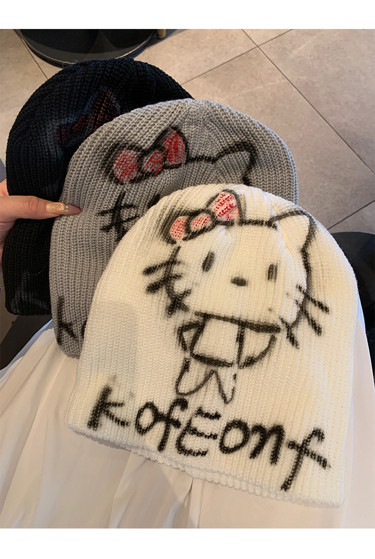 American hot girl kitty cat graffiti cold hat for women, warm knitted woolen hat for autumn and winter, face-showing small headscarf hat pic 11