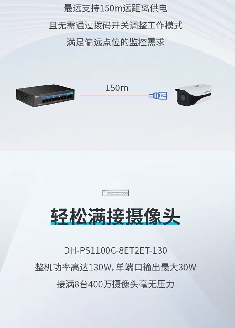 大华POE交换机4口8端口百兆网线供电监控专用PS1100C-8ET2ET-130详情4