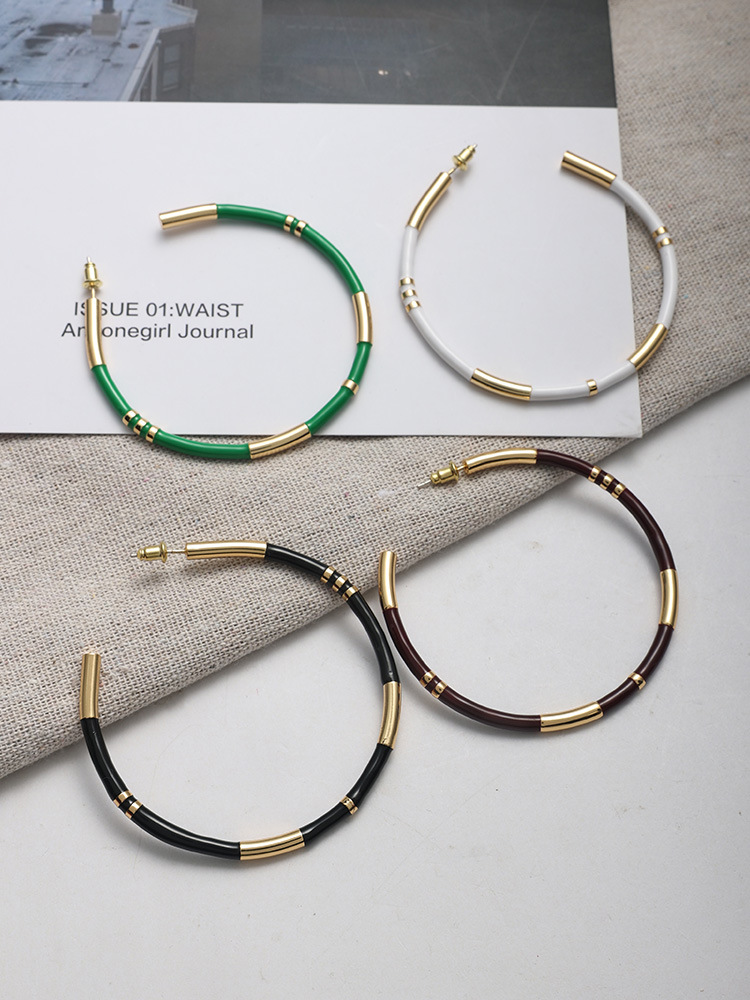 C形珐琅圈圈拼接耳环女法式轻奢小众设计感复古气质银针撞色耳圈详情19