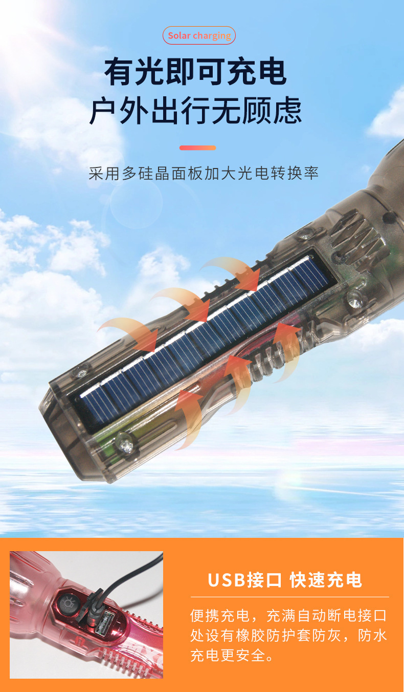 2023跨境强光手电筒探照灯太阳能USB充电户外野营便携照明灯手电详情2