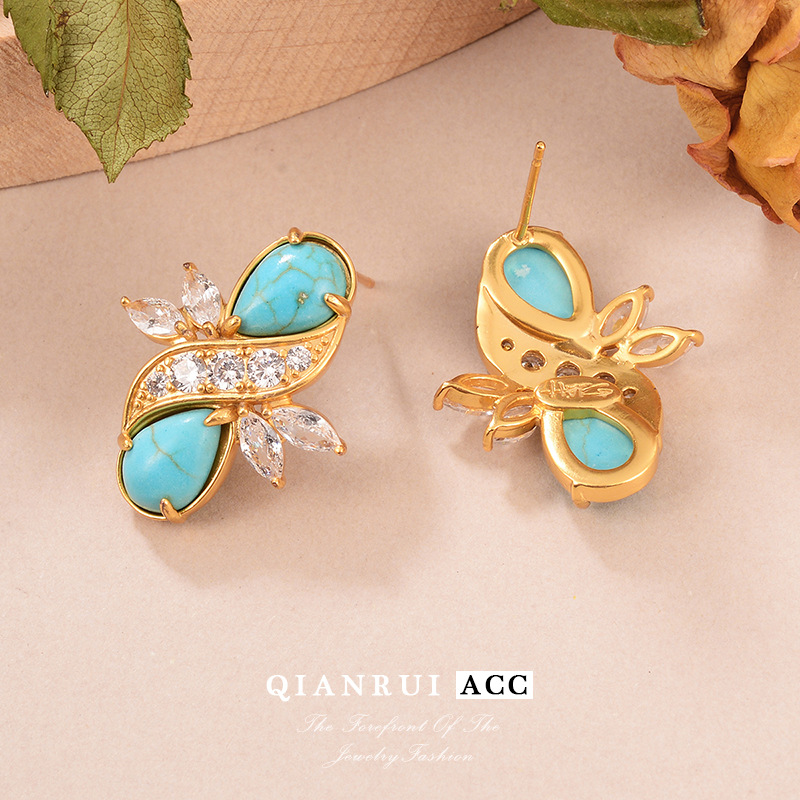 French retro, individualistic, fashionable and niche natural stone earrings, zircon earrings, row diamonds and geometric pattern earrings wholesale pic 19