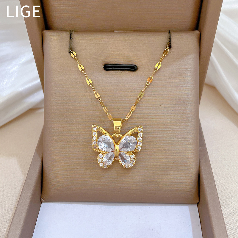 【钛钢】锆石蝴蝶项链耳环套装轻奢微镶个性气质宴会耳饰项饰组合详情13