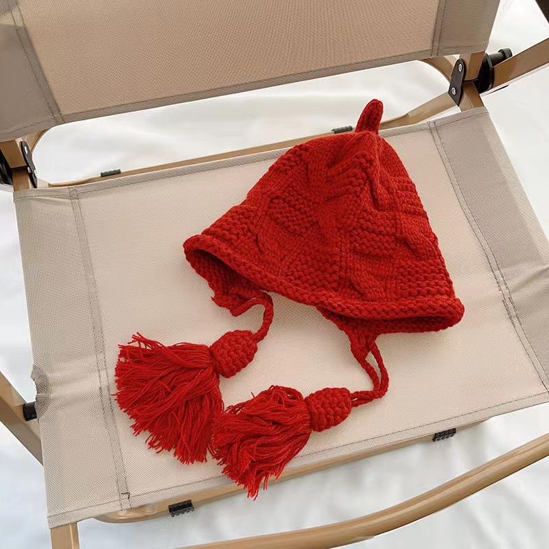 女童秋冬加厚流苏系带套头帽洋气手工针织帽新年红色帽保暖包头帽详情8