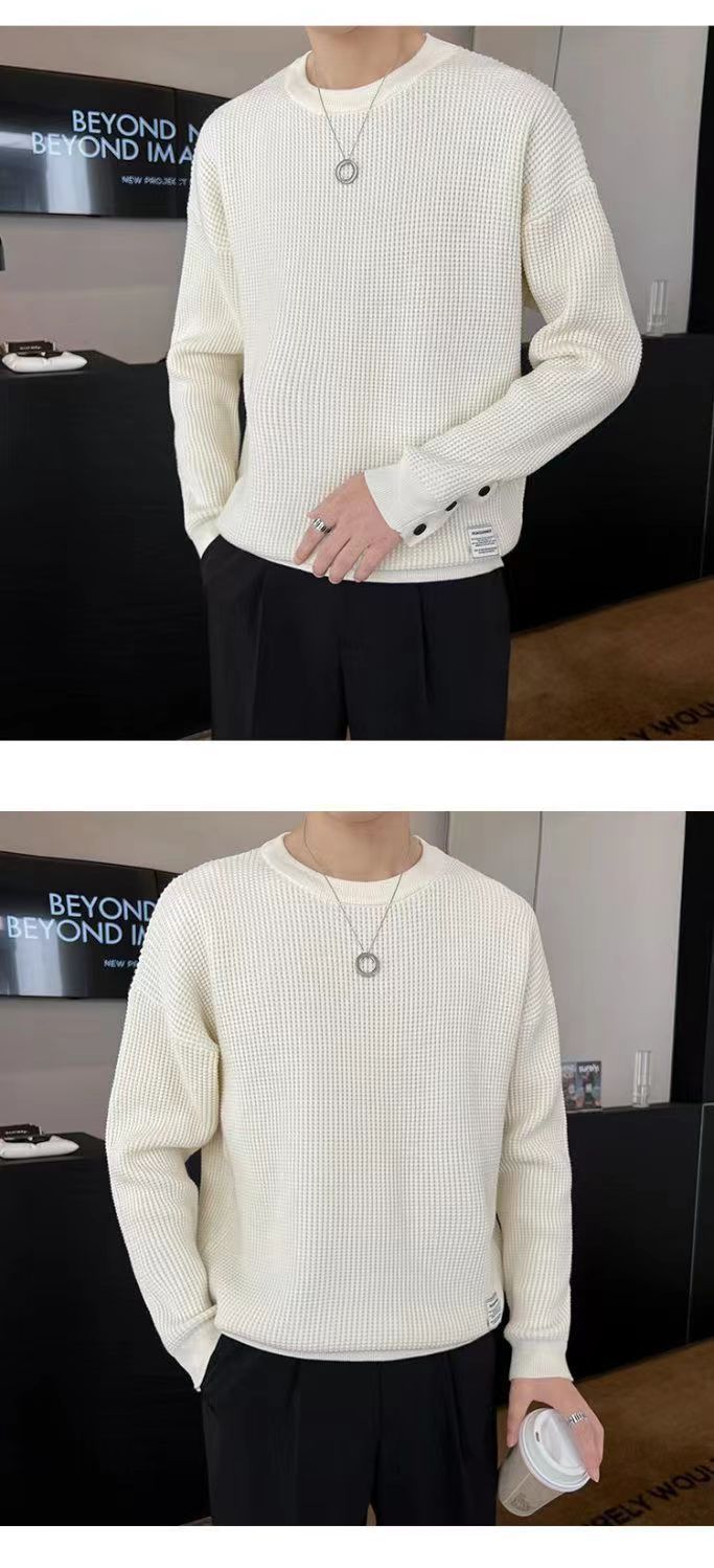 A beige laid-back style top for men, a high-end design for spring and autumn, a long-sleeved shirt from a trendy brand, paired with a round-neck base layer pic 6