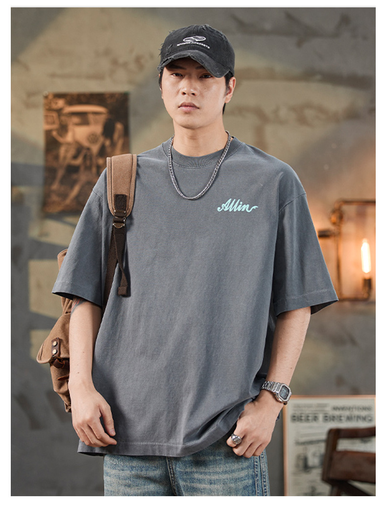 ALLIN pure cotton heavy-duty short-sleeved T-shirt for men, a summer trendy brand with three-dimensional printed letters and loose round-neck couple tops pic 14