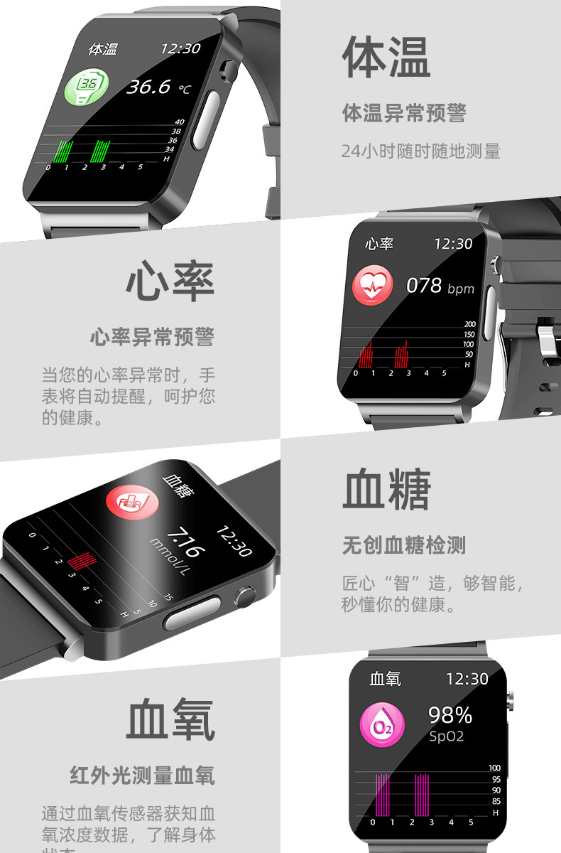 Cross-border ECG, electrocardiogram, non-invasive blood glucose measurement, blood pressure, blood oxygen, body temperature, electrocardiogram, sleep monitoring, KS03 smartwatch pic 4