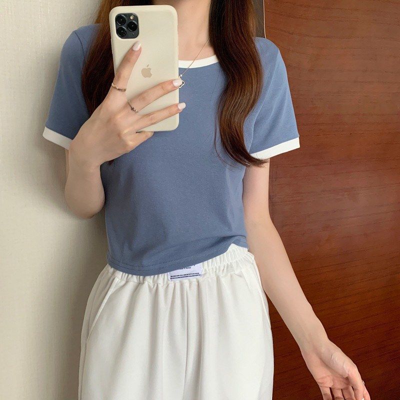 撞色圆领短袖t恤女2024年新款夏季打底衫韩版修身短款学生上衣潮详情8