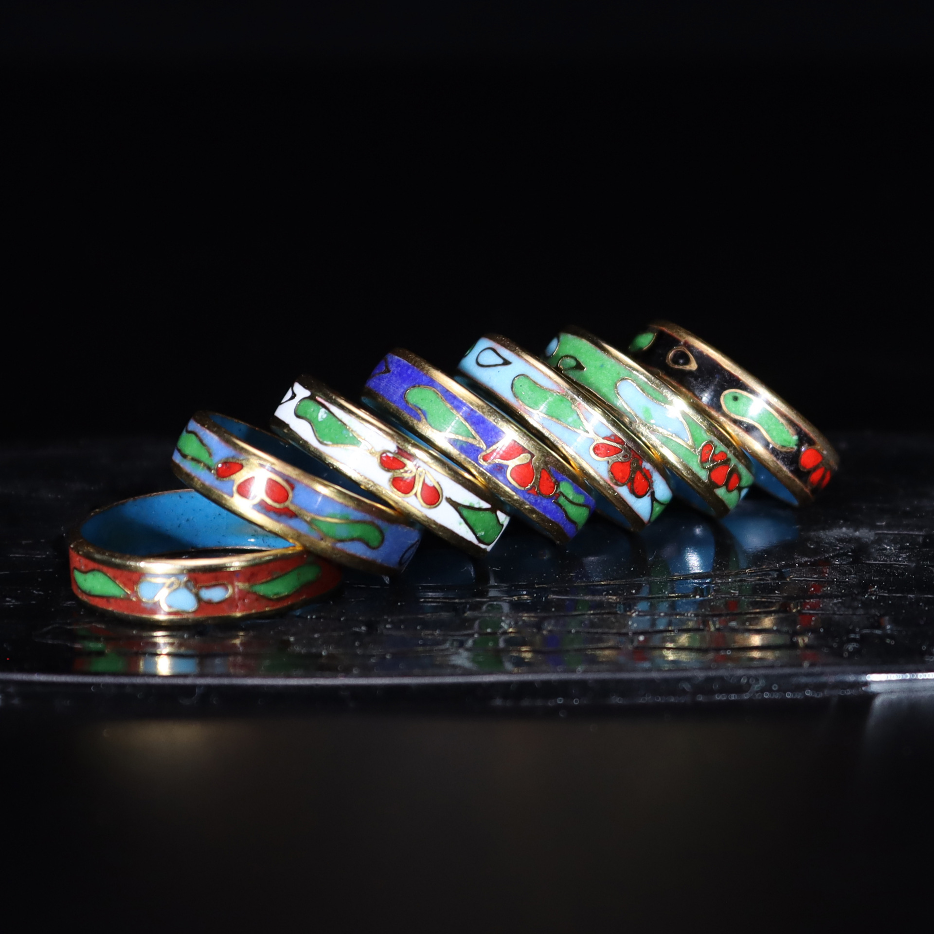 Beijing Cloisonne vintage collection from the 1980s, traditional copper body, cloisonne enamel, polished set, seven-ring finger pic 5
