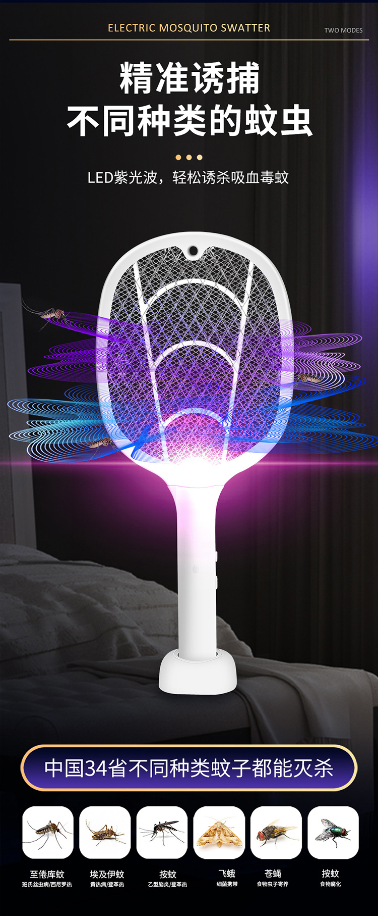 跨境新款二合一电蚊拍家用挂壁自动诱蚊灭蚊灯手持便携灭蚊拍批发M142详情8