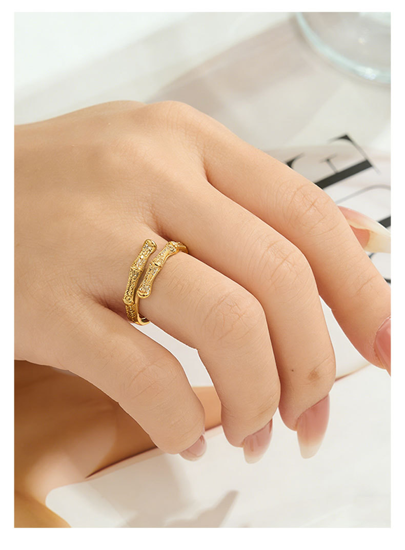 A light luxury double-layer overlapping bamboo-joint open ring with a high-end feel. It is made of copper alloy, set with zircon, and electroplated with real gold for adjustment pic 13
