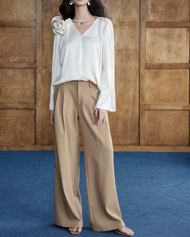 上新珍珠缎真丝光泽感泡泡肌理缎可拆卸手工立体玫瑰花宽松衬衫女详情7