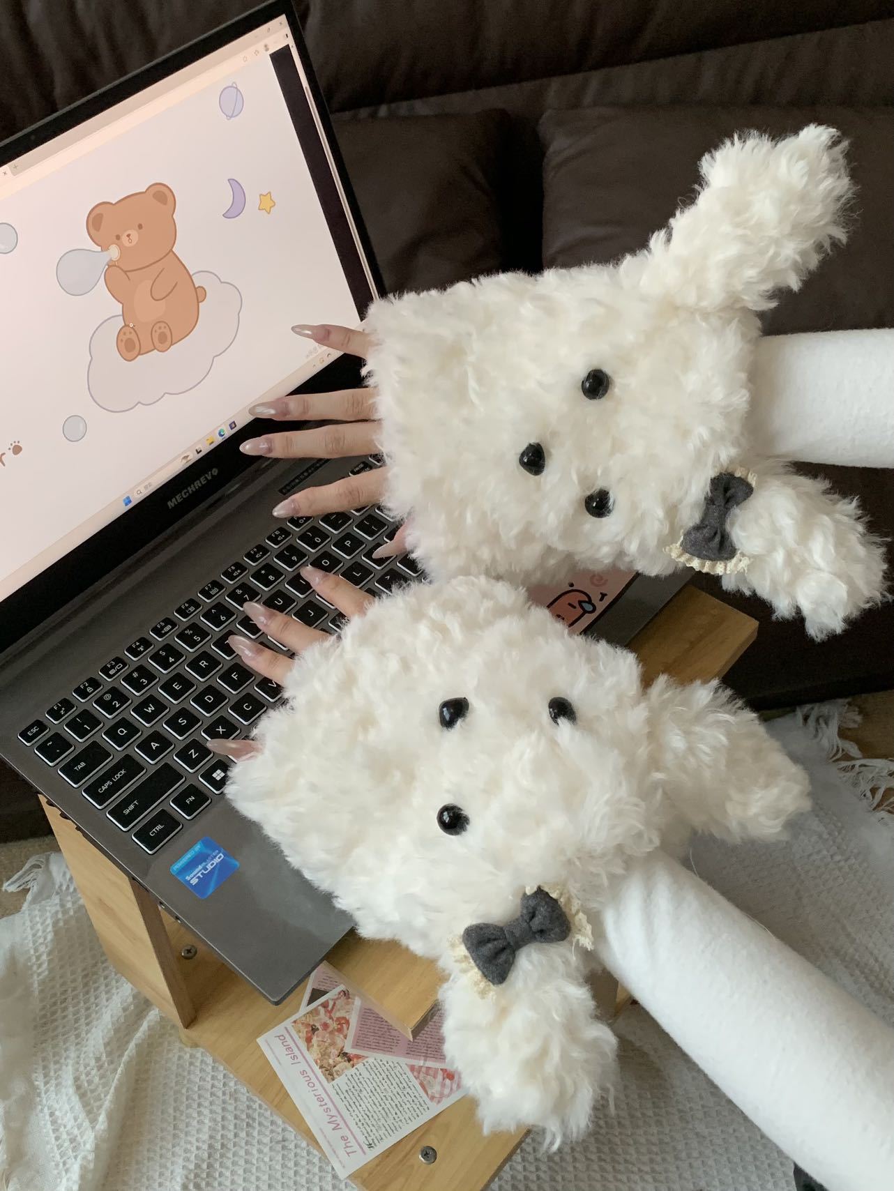 新卡通毛茸茸可爱斜耳狗毛绒手套时尚护手女加厚保暖百搭时尚袖套详情18