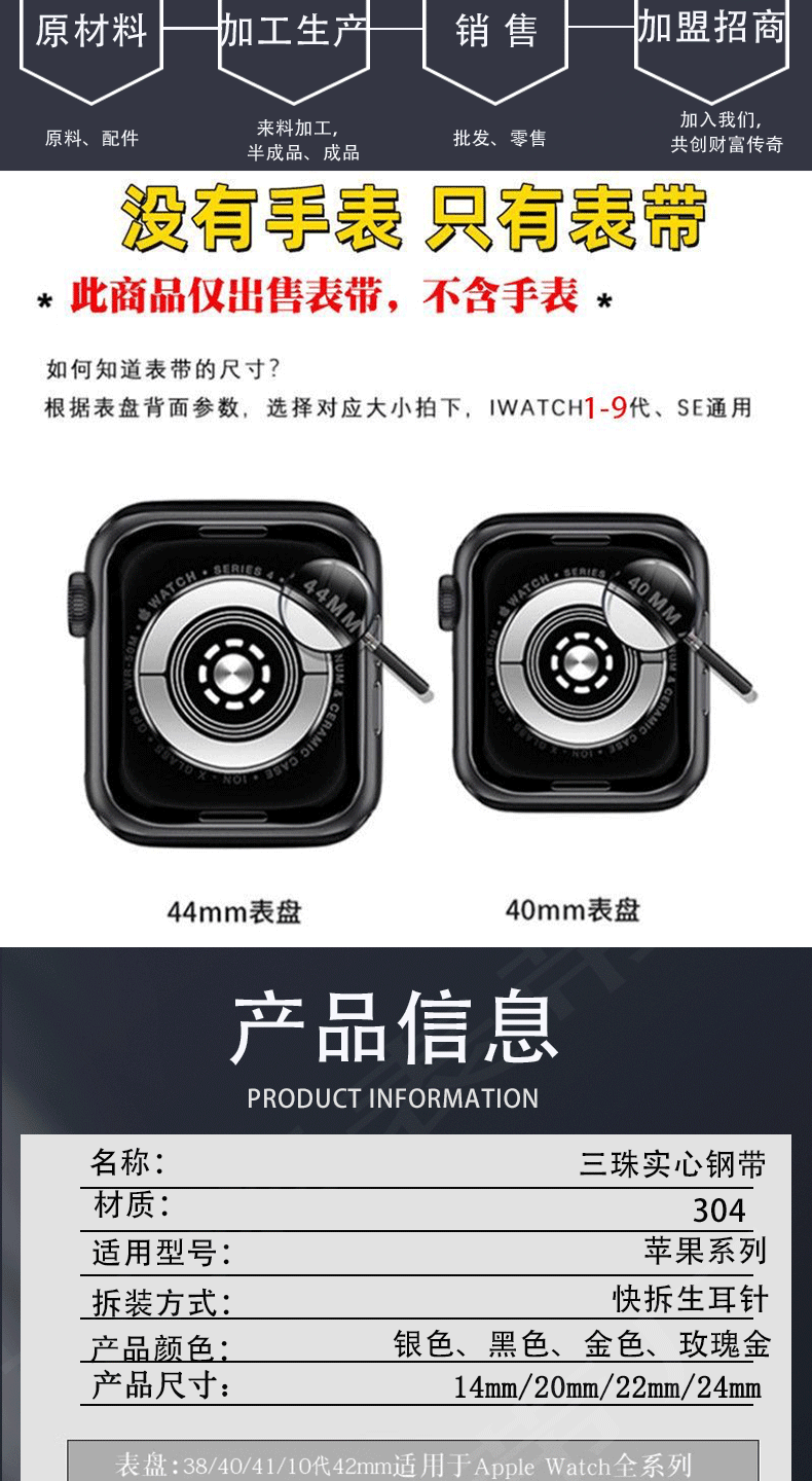 适用苹果智能手表带applewatch三珠不锈钢iwatch表带三星华为gt4详情4