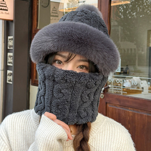 新款加绒加厚毛绒帽子围脖一体女骑车防风防寒电动车保暖套头女帽详情2