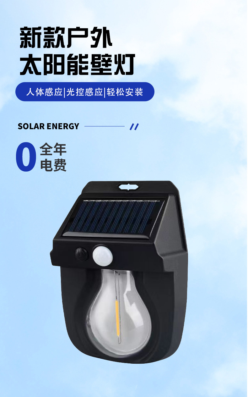 Cross-border new outdoor solar lamps, tungsten filament wall lamps, courtyard sensor lamps, garden villa night lights, lighting, waterproof pic 1