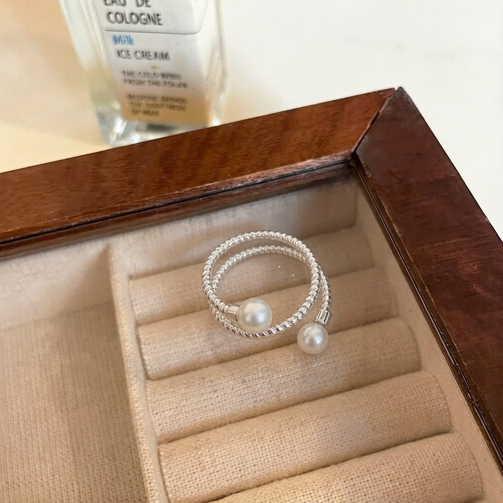 S925 sterling silver wound pearl ring for women, a light luxury and high-end exquisite index finger ring, fashionable and individual, with adjustable opening pic 2