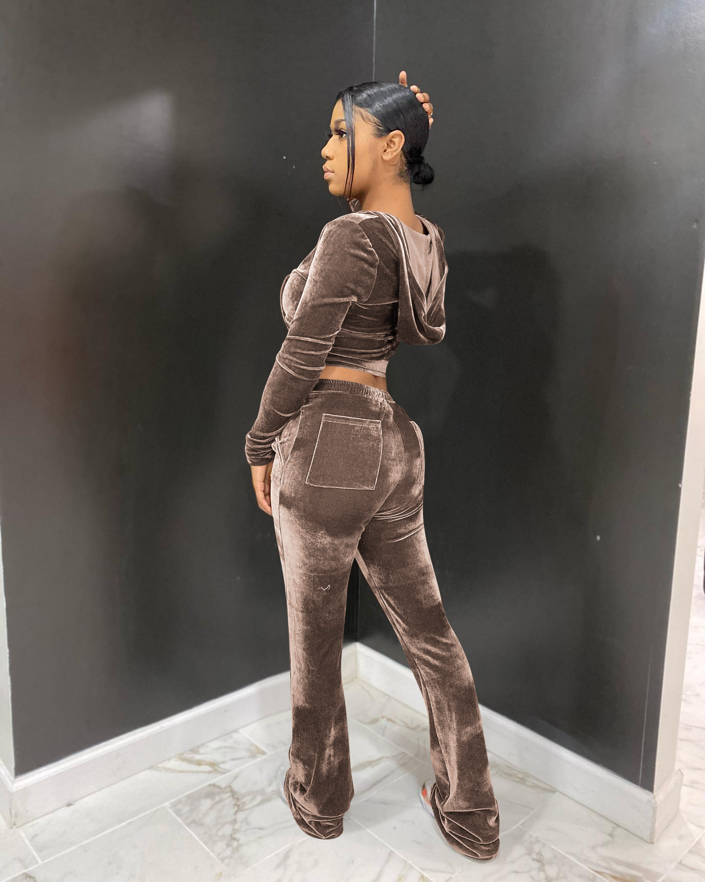 Solid color gold velvet wide-leg pants two-piece set pic 116