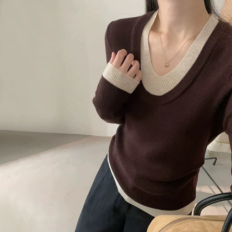 KANING假两件v领针织打底衫女秋季新款高级感内搭毛衣修身上衣潮详情6