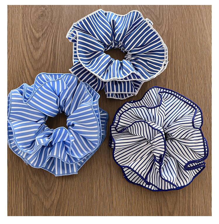 韩式蓝色条纹双层大肠发圈女时尚低马尾发绳学院风头绳皮筋头饰品详情15