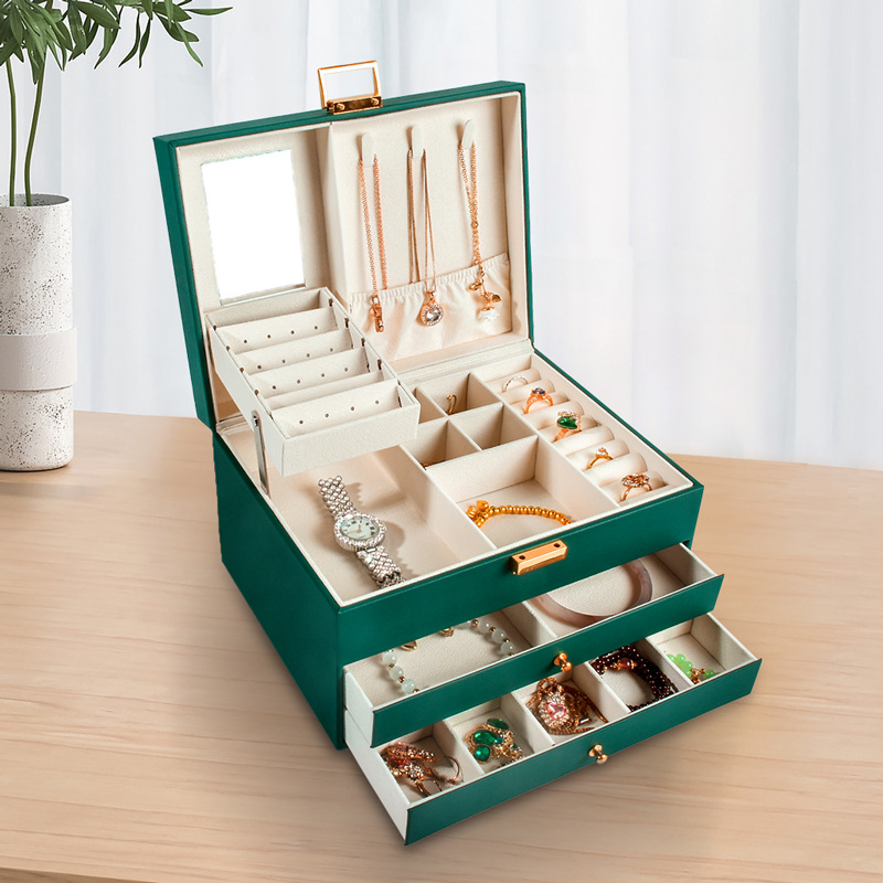 Multi-functional jewelry box, three-layer leather drawer-style jewelry, light luxury exquisite necklace, earrings and jewelry storage box pic 3