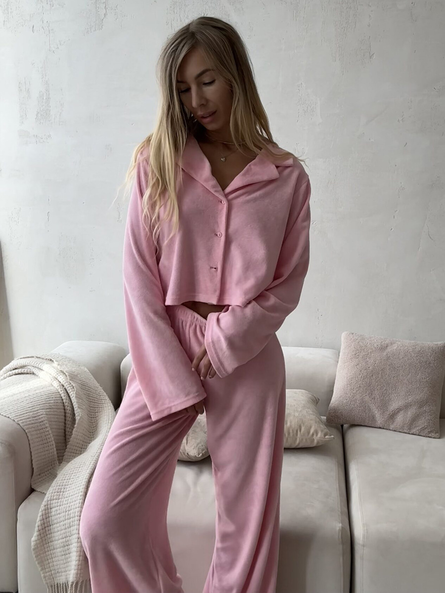 Cross-border pink fleece long-sleeved and long pants pajama set, European and American autumn and winter new cardigan pajamas, comfortable home wear for women pic 8