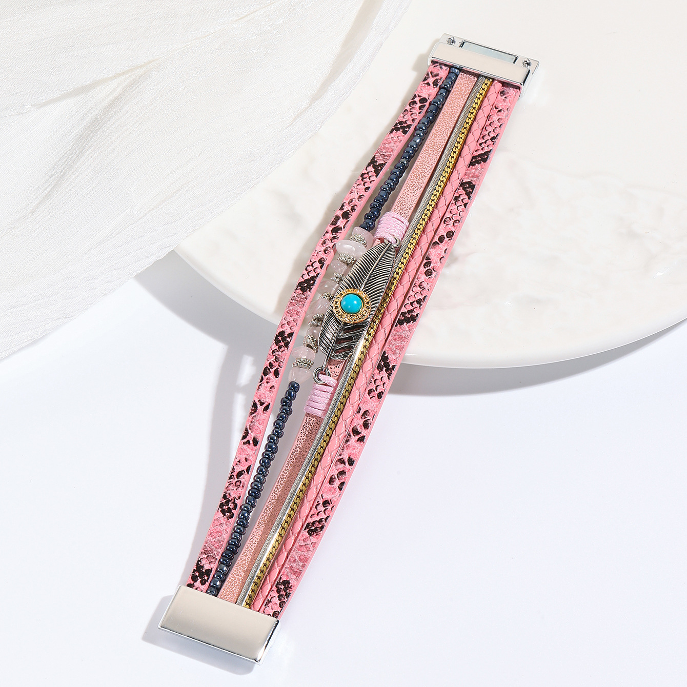 跨境翡翠波西米亚碎石羽毛手链复古绿松石磁铁扣手镯详情13