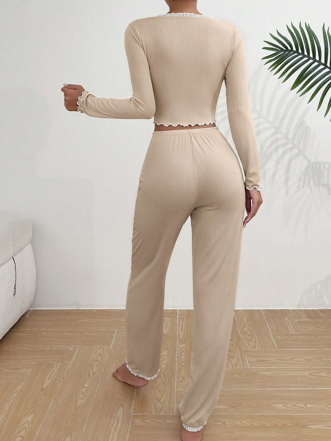 亚马逊temu热销TK欧美家居服睡衣长袖长裤修身性感花边睡衣套装详情26