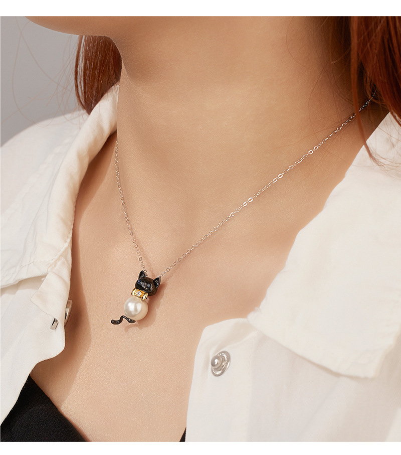 S925 sterling silver Little Cat pendant, a niche design for women with a sense of high-end color contrast pendant, DIY accessory, silver empty stand pic 9