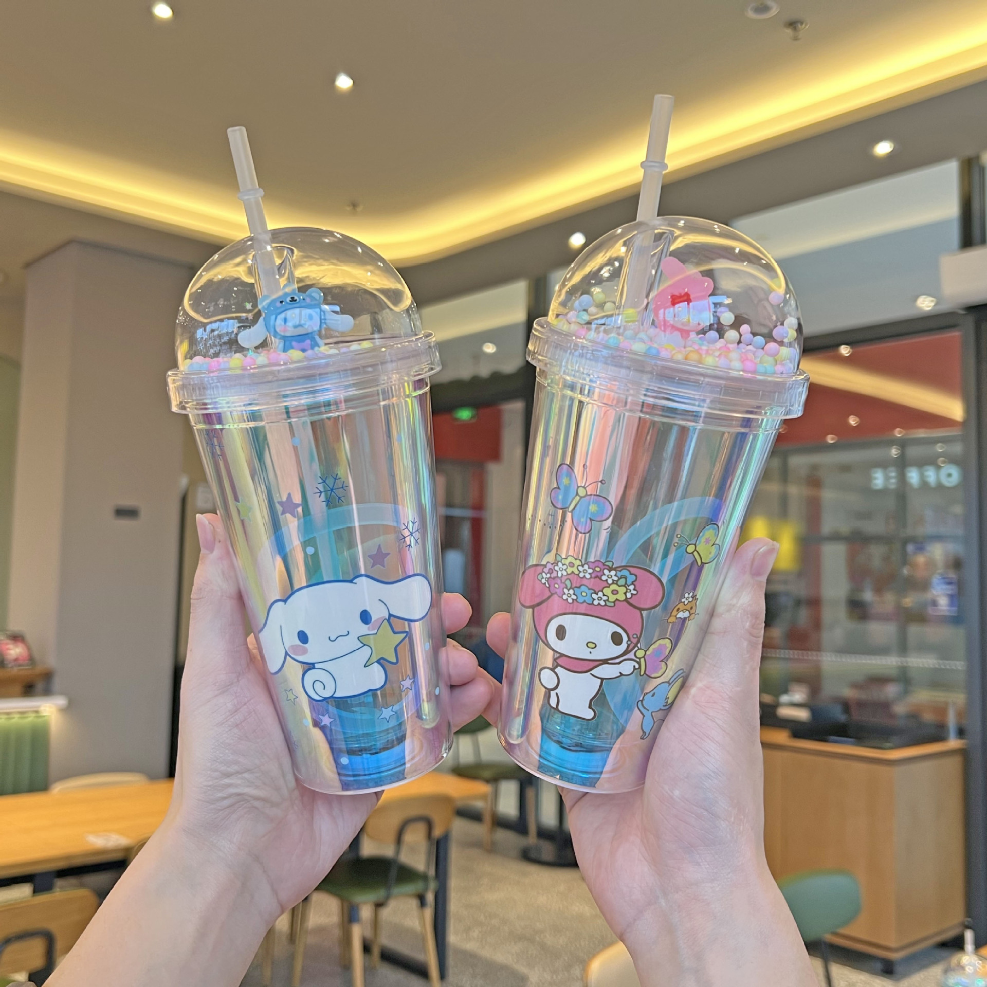 跨境新款三丽欧水杯批发双层观景塑料杯儿童卡通库洛米镭射吸管杯详情12