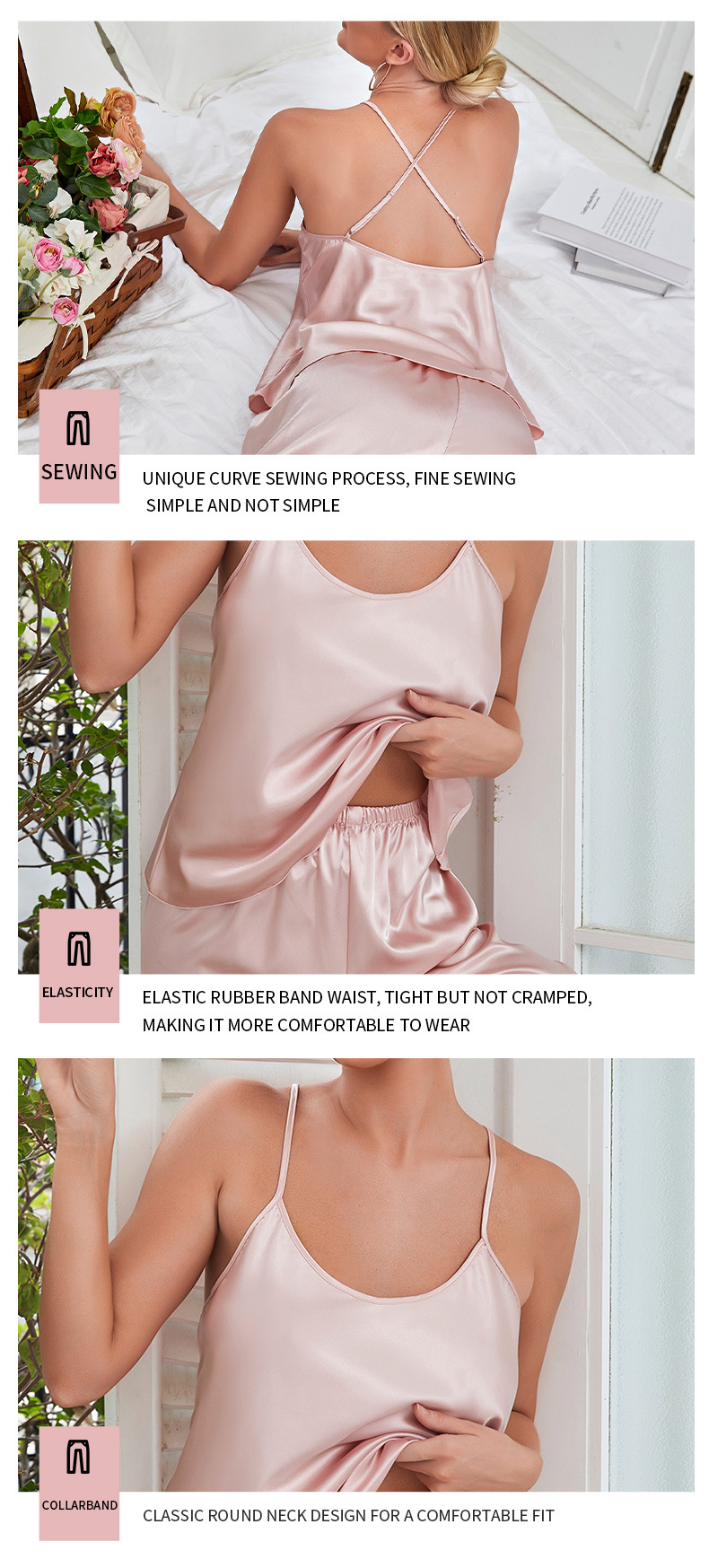 欧美跨境冰丝家居服透气露背吊带裙长裤套装女仿真丝绸睡衣批发详情6