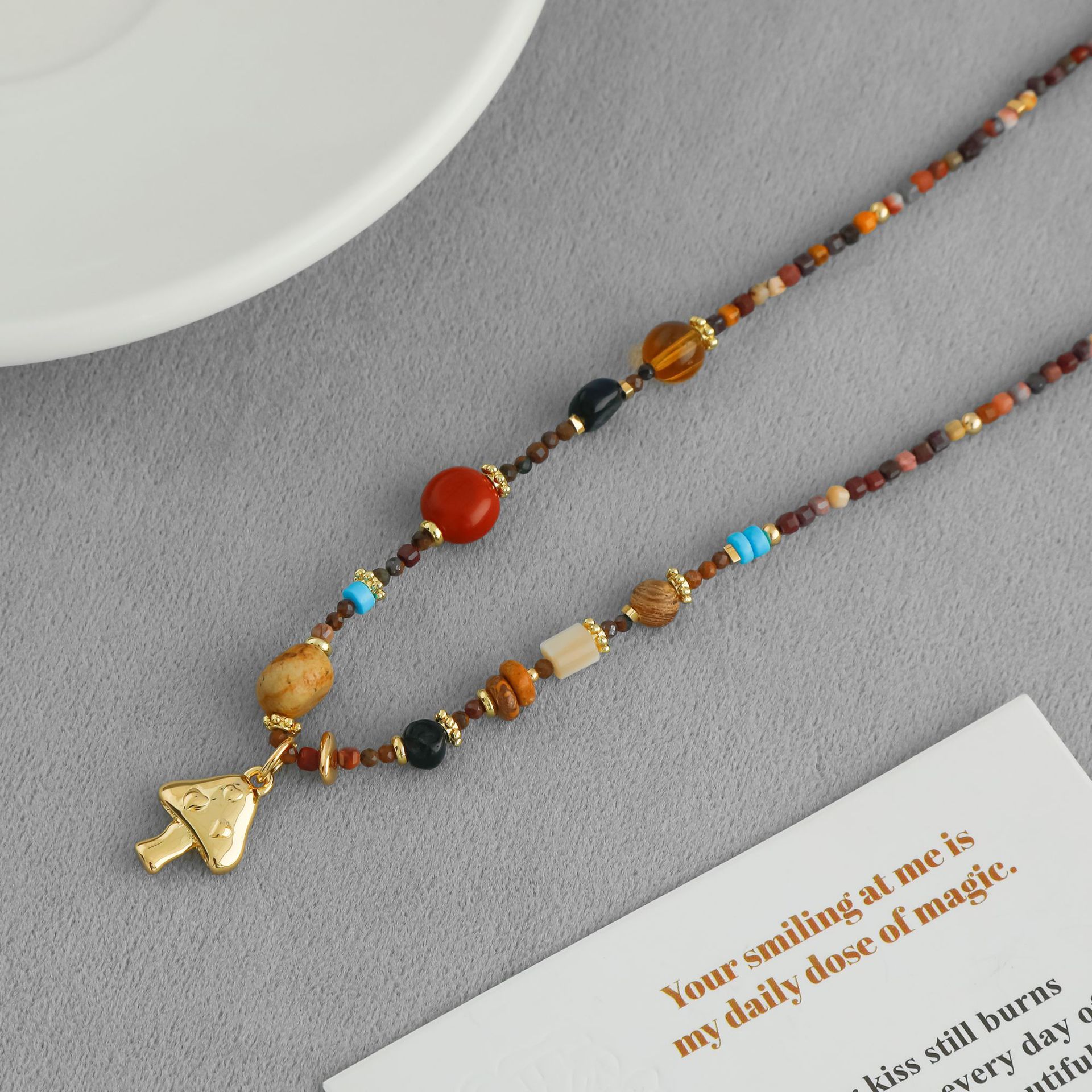 LAZY*家蘑菇彩石项链 夏季爆款简约叠戴天然石日出蘑菇串珠锁骨链详情4