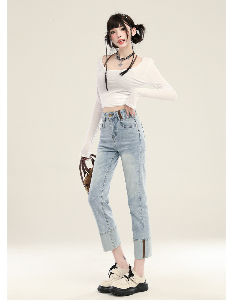 水泥灰卷边烟管牛仔裤女夏季2024新款高腰小个子九分法棍直筒裤子详情25