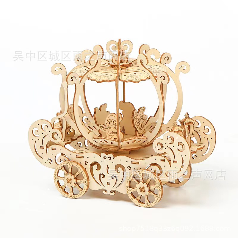 Wooden diy assembly toys, train 3D puzzles, carousel, Ferris wheel, pumpkin car, ocean sailboat models pic 7