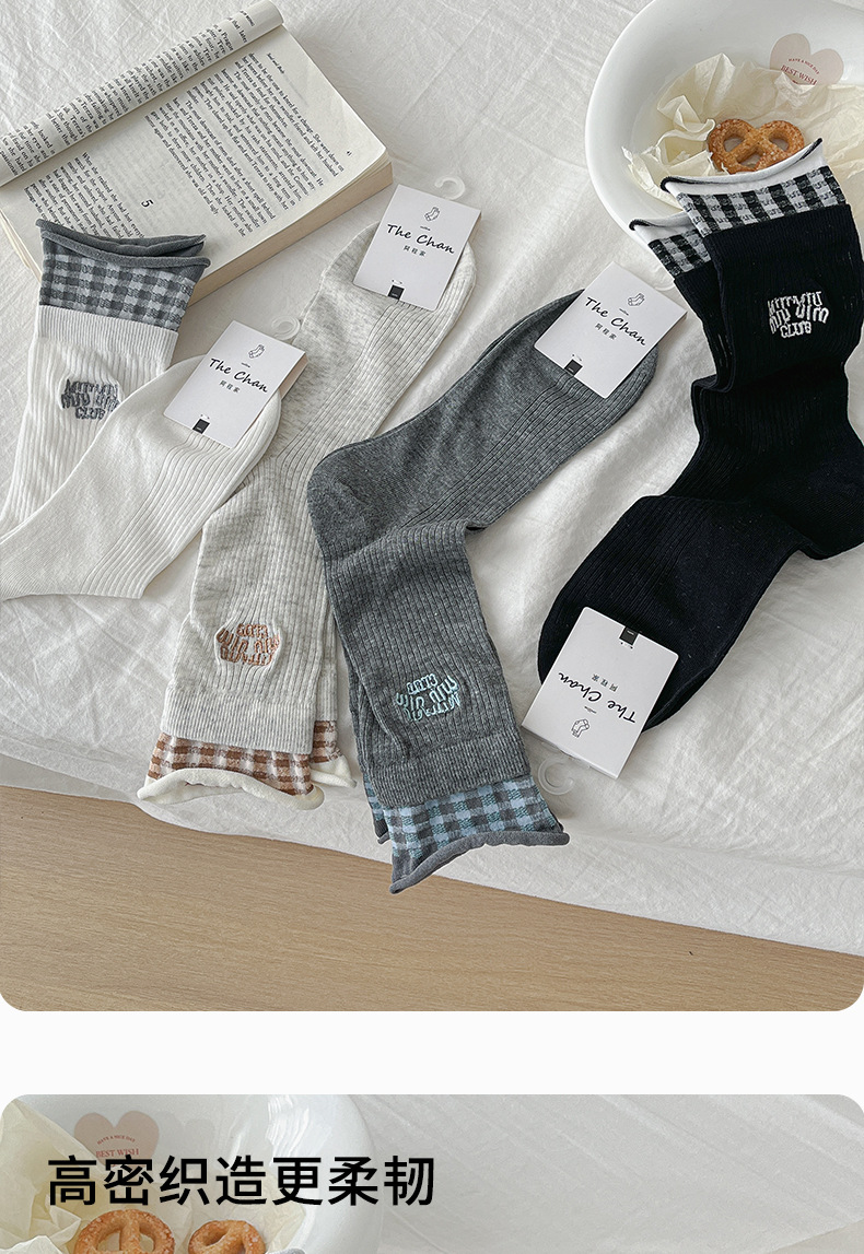 诸暨袜子女春夏季薄款无骨网眼透气堆堆袜双罗口格子miu风中筒袜详情6